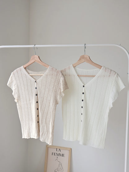 Breezy V-Neck Pointelle Flutter Sleeve Knit Top(Oatmeal beige)
