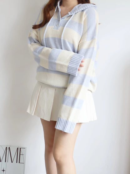 Misty Striped Knit Hoodie(Cream x Sky Blue)