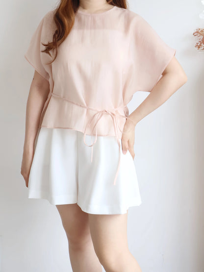 Elegant Tie Detail Flutter-Sleeve Tencel Blouse(Peach)