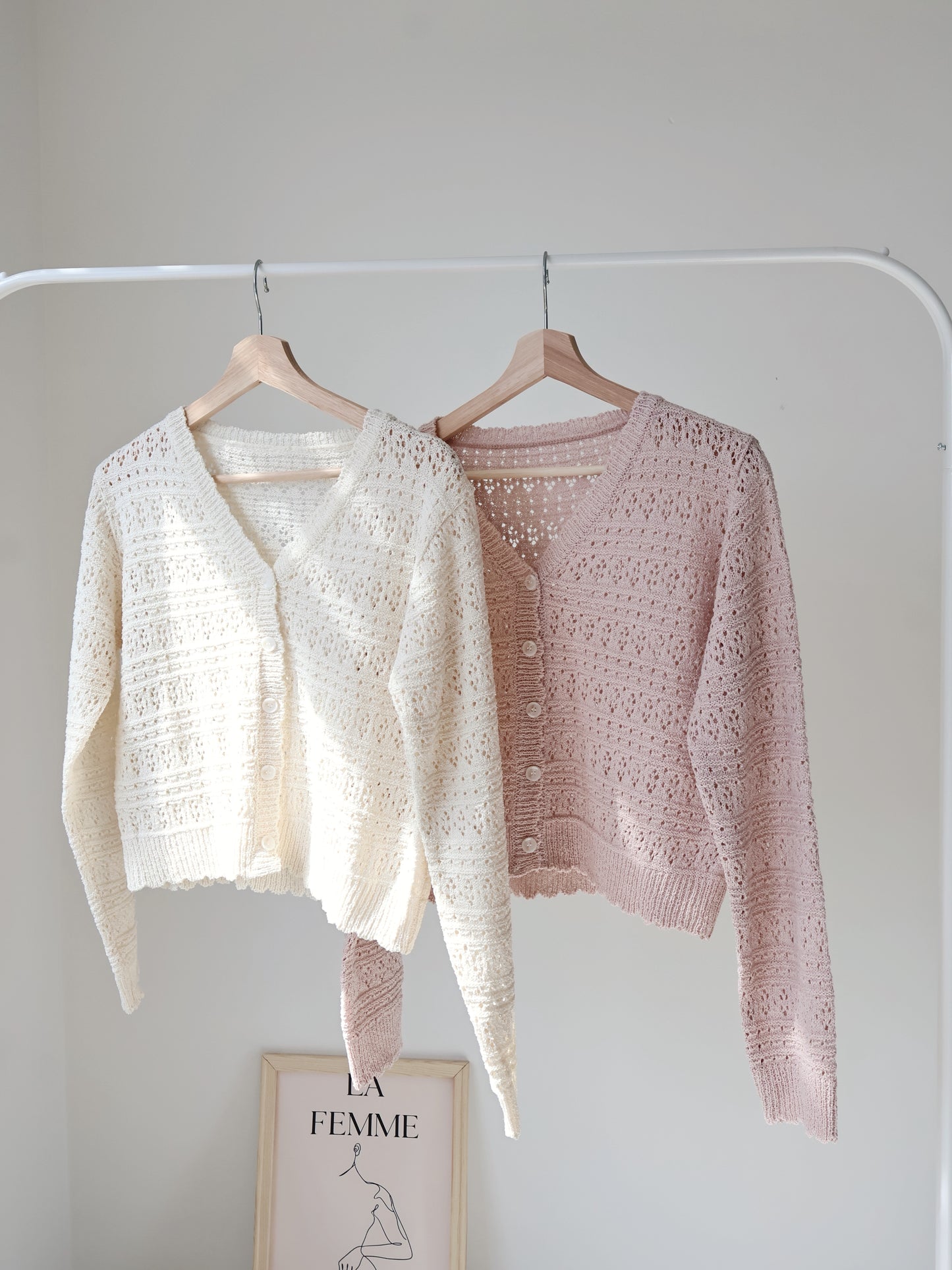Romance V-Neck Eyelet Knit Cardigan(Beige)