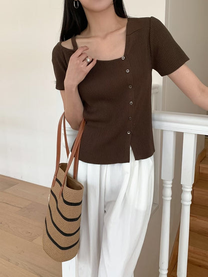 Asymmetric Button-Front One-Shoulder Knit Top(4 Colors)
