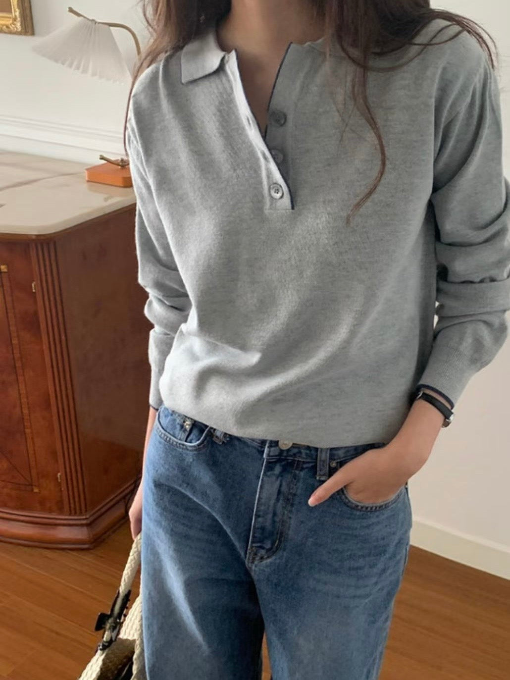Collared Button-Up Piping Sweater(4 Colors)