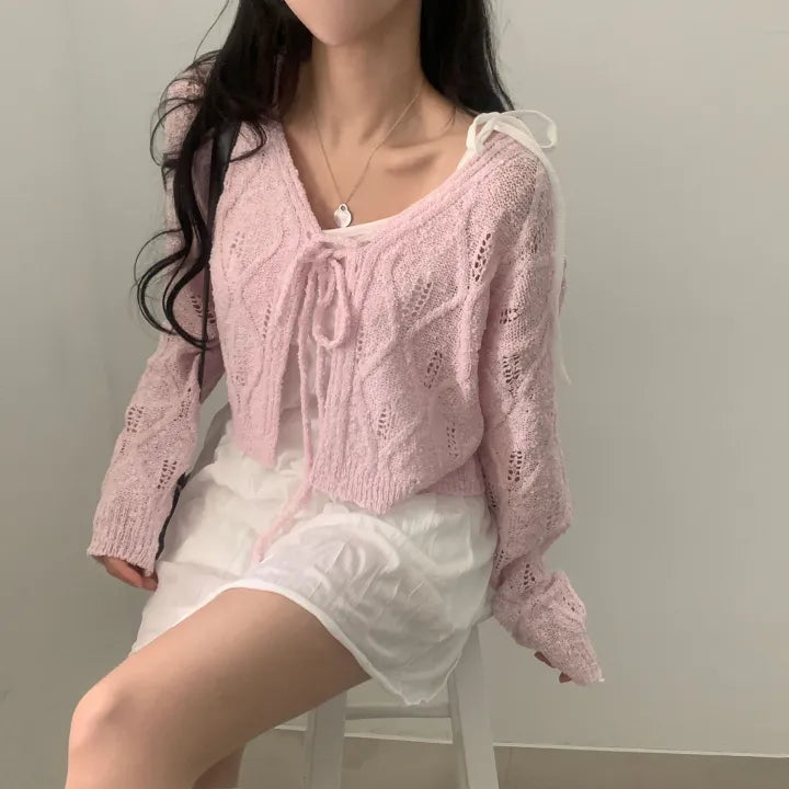 V-Neck Pointelle Tie-Front Knit Cardigan(5 colors)
