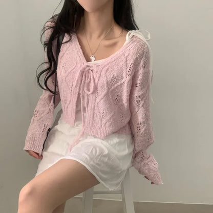 V-Neck Pointelle Tie-Front Knit Cardigan(5 colors)
