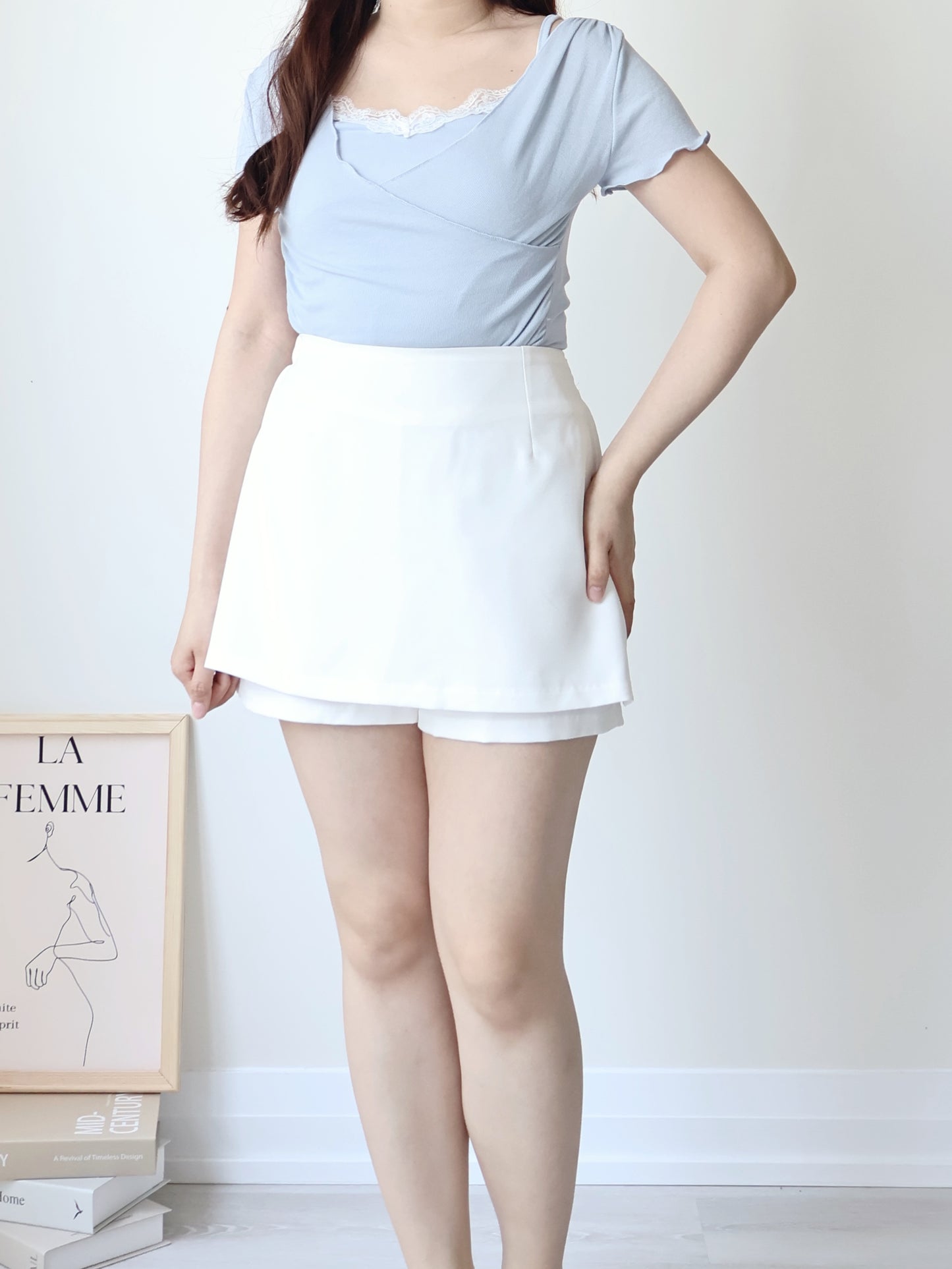 Elegant Lace Trim Layered Wrap Top(Skyblue)