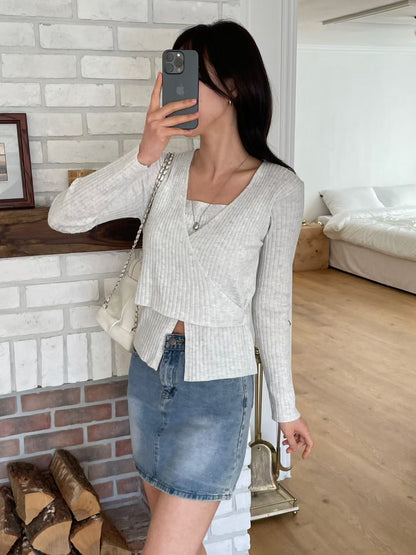 Creamy Faux Layered Wrap Knit Top(4 colors)