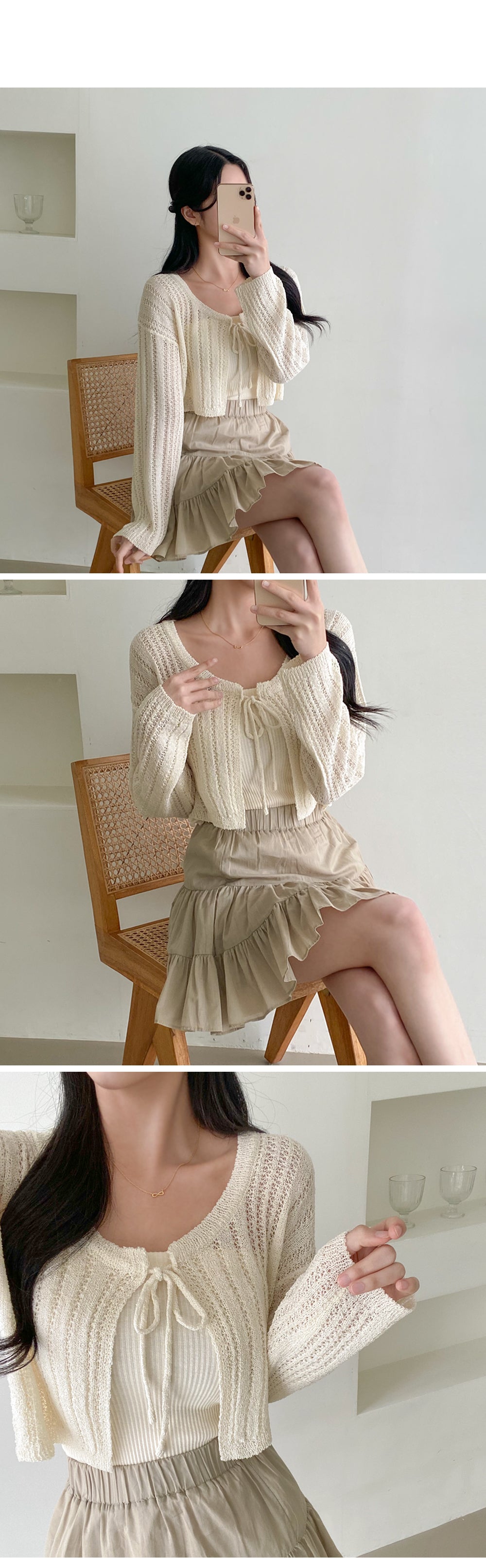 Romantic Ribbon Pointelle Knit Cropped Cardigan(5 colors)
