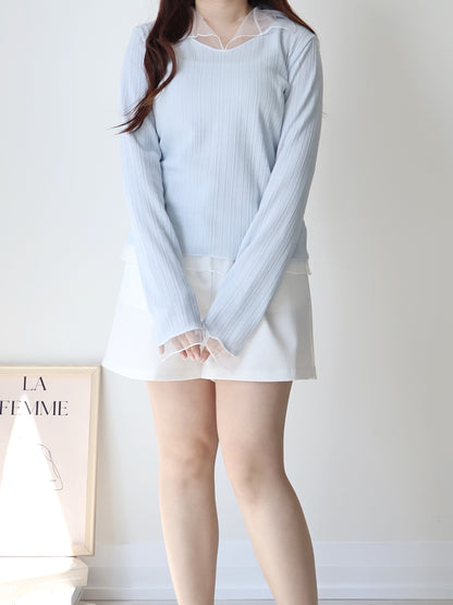 Graceful Sheer Trim V-Neck Top(Skyblue)