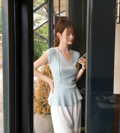 French Wrap Ruffle Knit Top(4 colors)