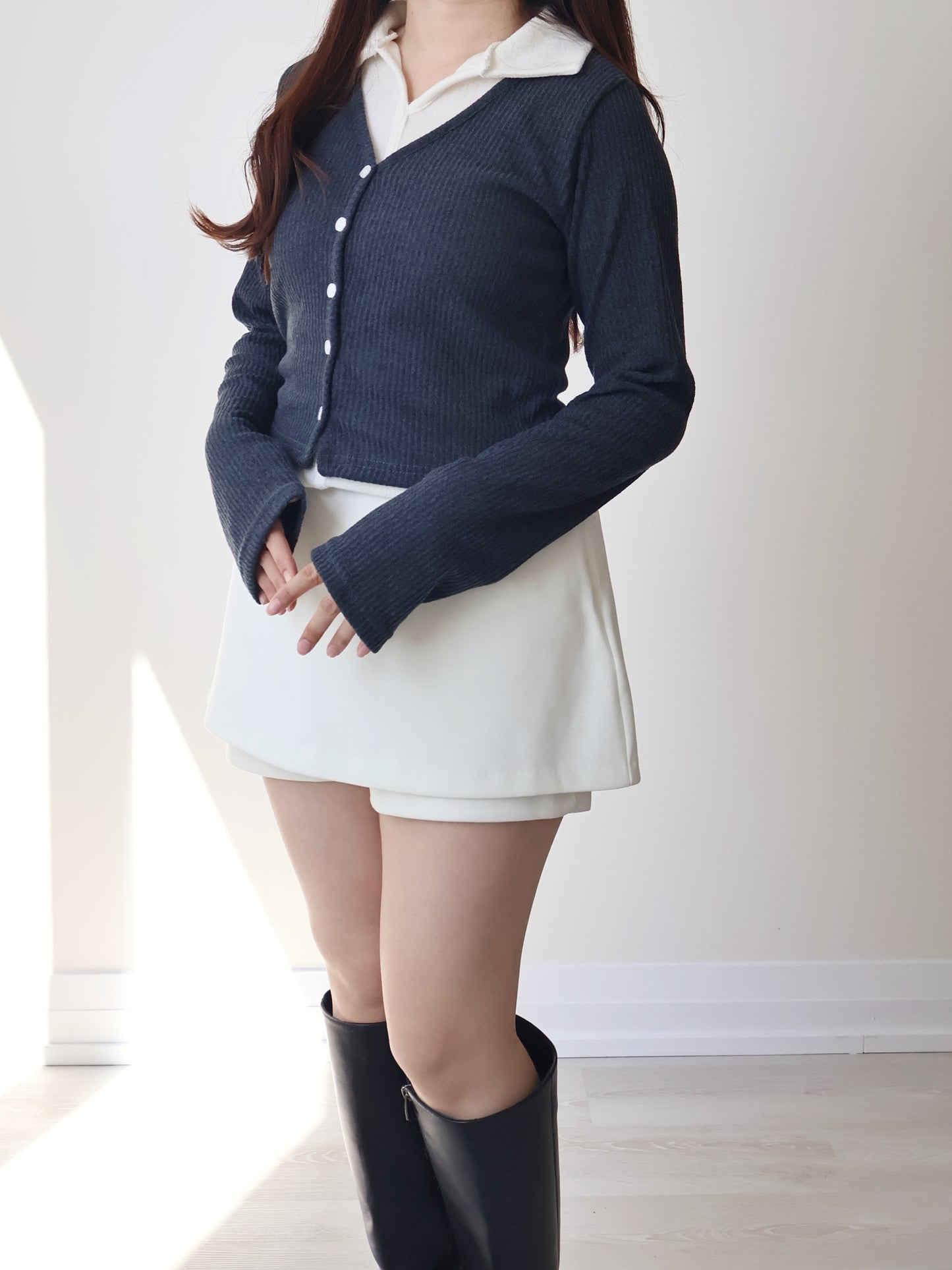 Faux Layered Lapel Button Top(Charcoal)