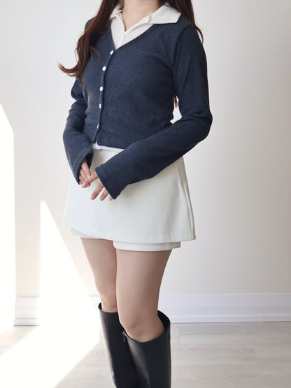 Faux Layered Lapel Button Top(Charcoal)