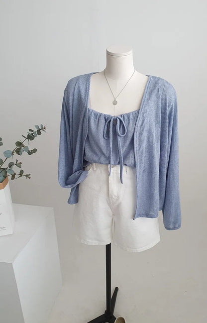 Airy Relaxed Linen Cami & Cardigan 2-Piece Set(Blue)