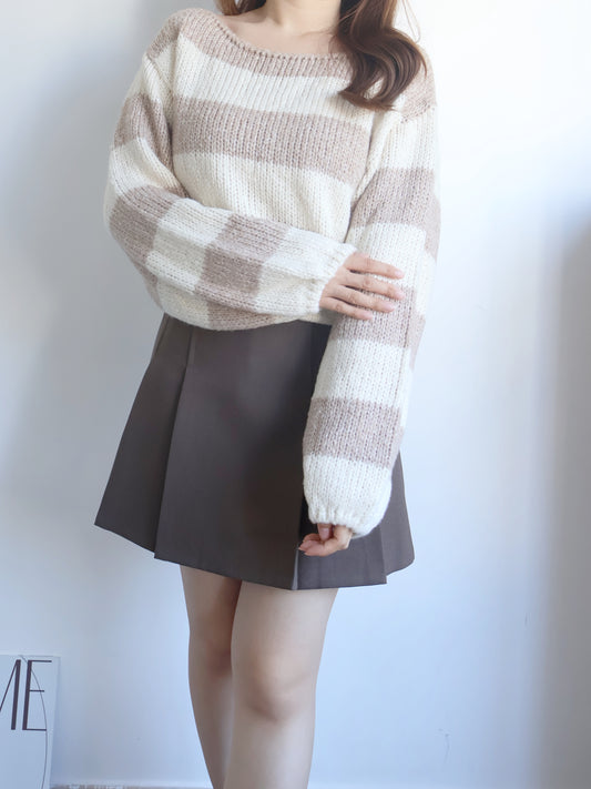 Cozy Striped Crop Crochet Boat Sweater(Light beige)