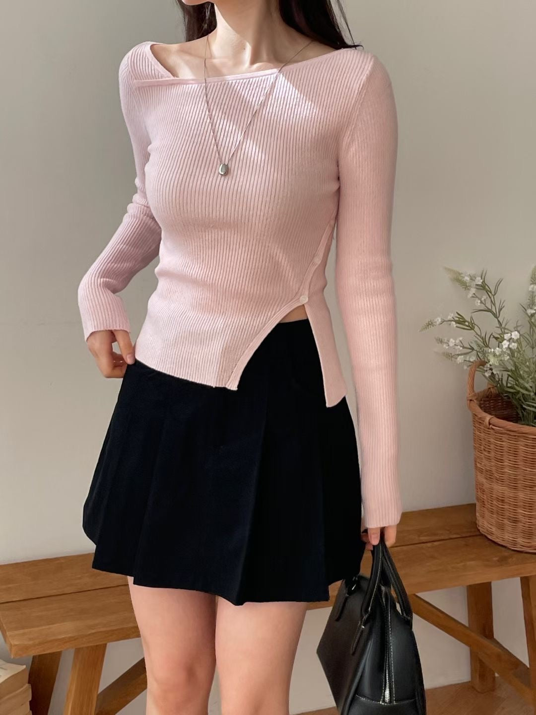 Cross unbalanced Slit Knit Top(4 colors)