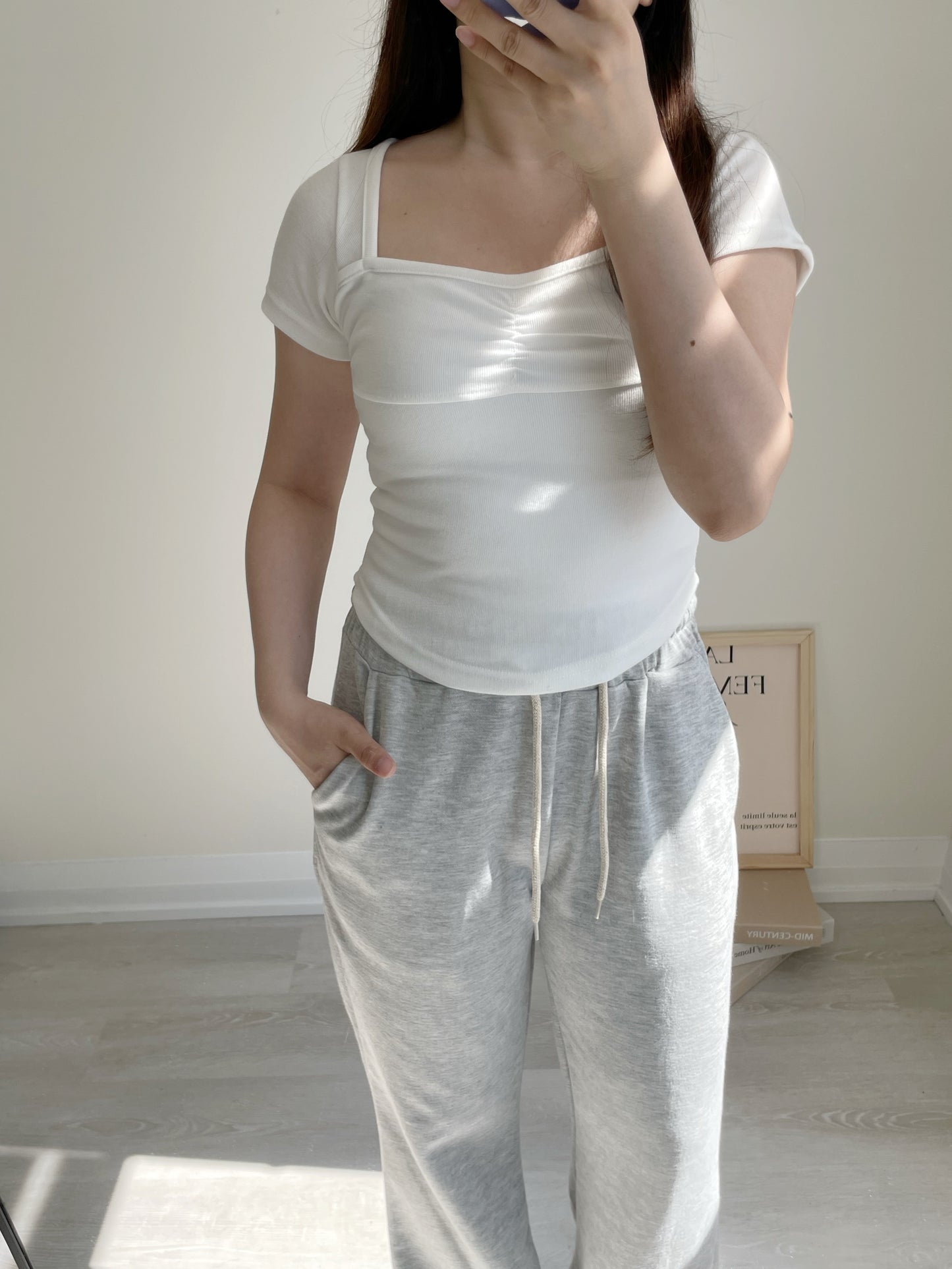 Ruched Square-Neck Slimming Tee(Ivory)