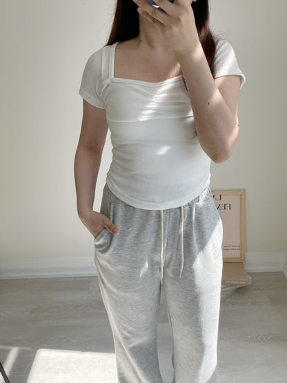 Ruched Square-Neck Slimming Tee(Ivory)
