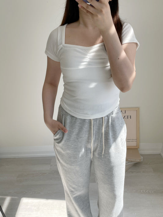 Ruched Square-Neck Slimming Tee(Ivory)