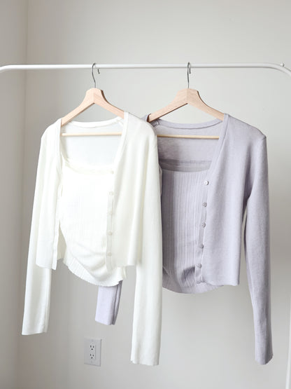 [2-Piece Set] Romantic Semi-Sheer Padded Camisole with Ultra-Soft Cardigan(Lavender)