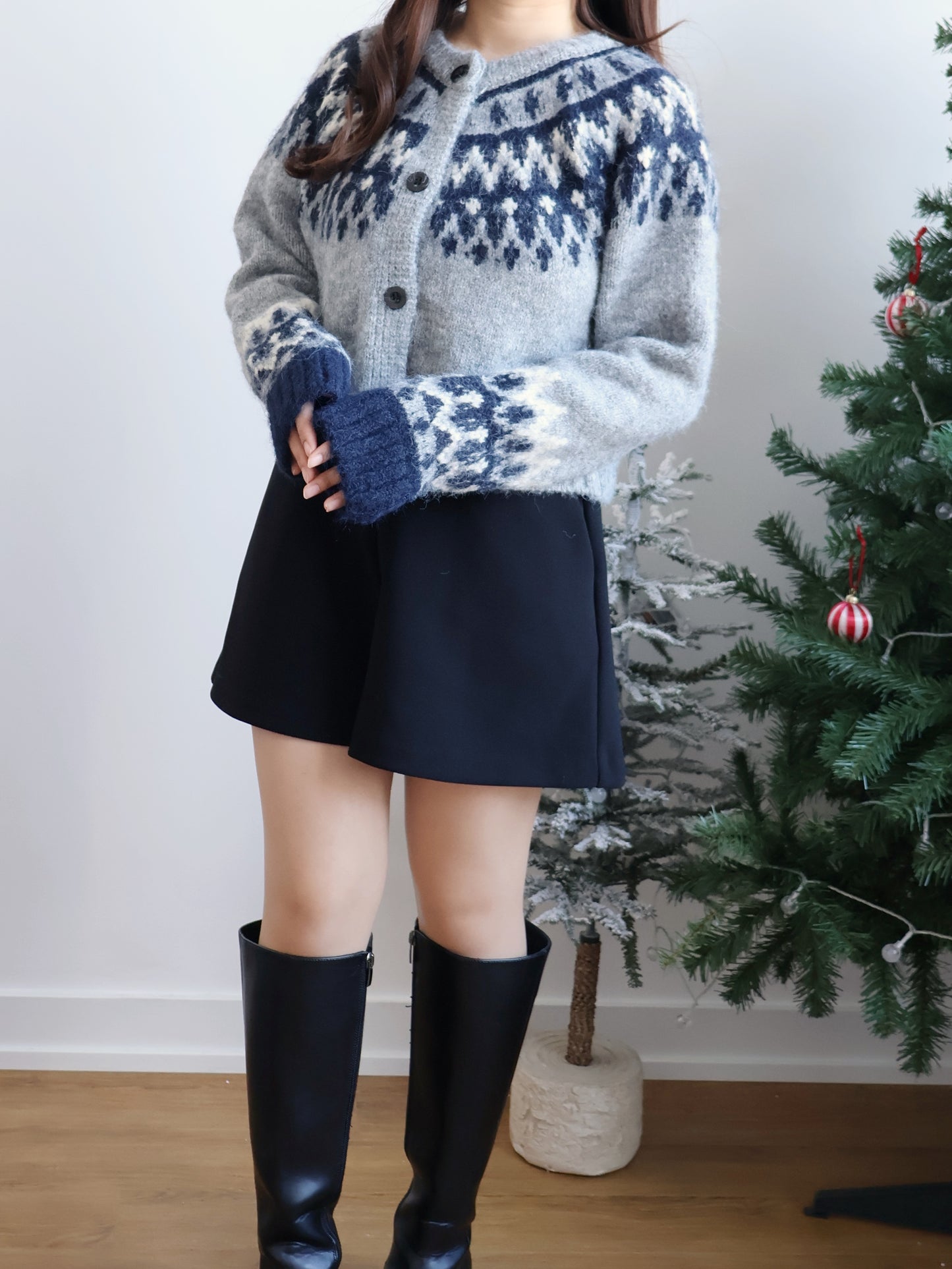 [10% WOOL🐏] Nordic Gradient Snowflake Cardigan(Grey)