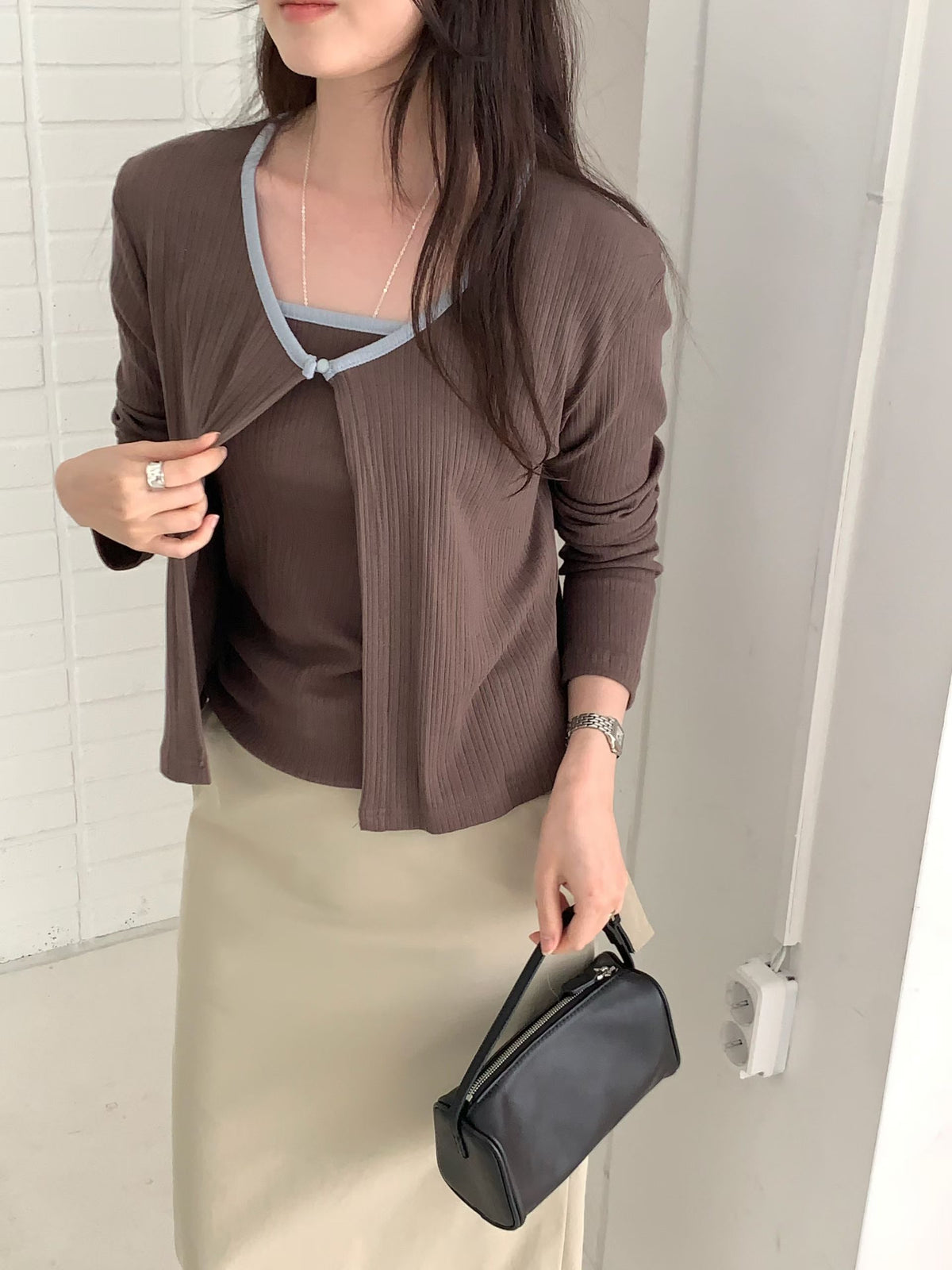 Color-Block Trim Cotton Cami & Cardigan 2-Piece Set(4 colors)