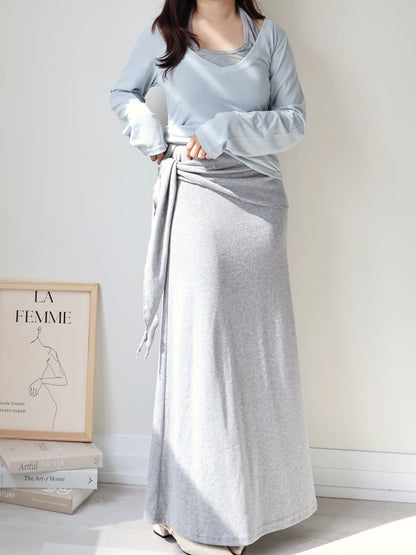 Flattering Tie-Waist Cotton Maxi Skirt(Grey)