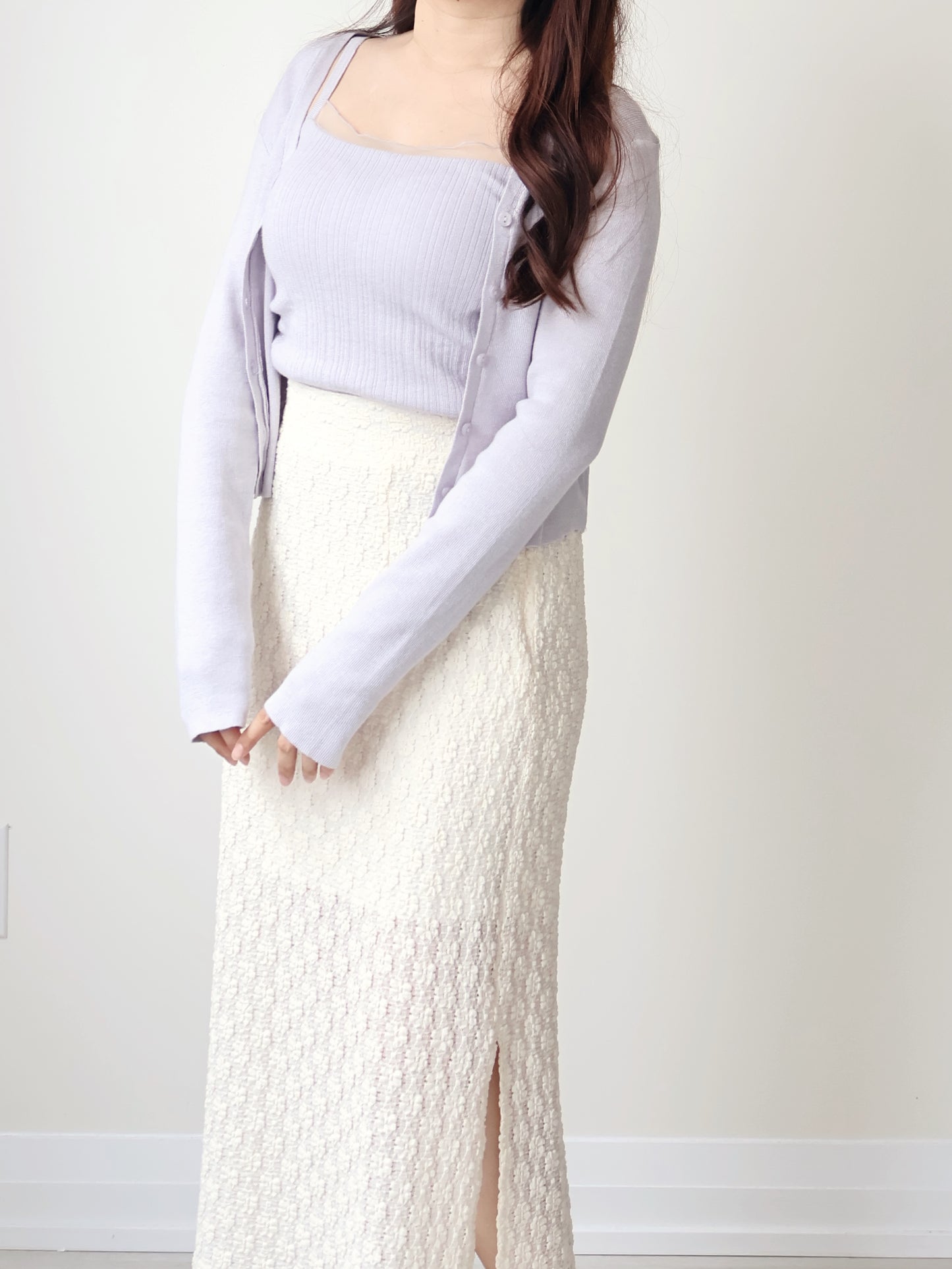 [2-Piece Set] Romantic Semi-Sheer Padded Camisole with Ultra-Soft Cardigan(Lavender)