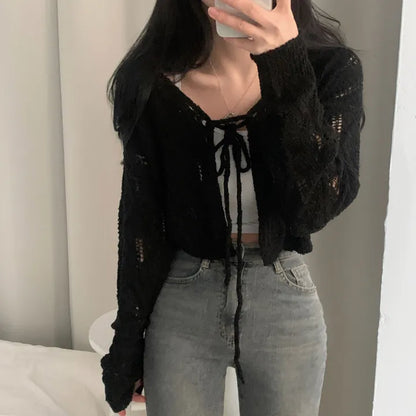 V-Neck Pointelle Tie-Front Knit Cardigan(5 colors)
