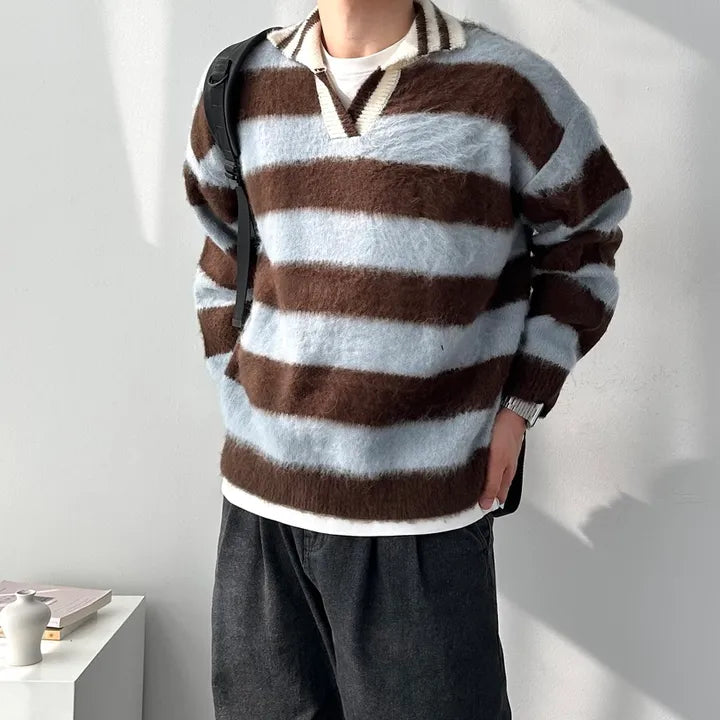 Unisex Collared Striped Color-blocked Sweater(4 colors)