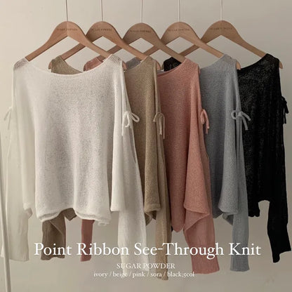 Ribbon Tie Open-Shoulder Knit Top(5 colors)