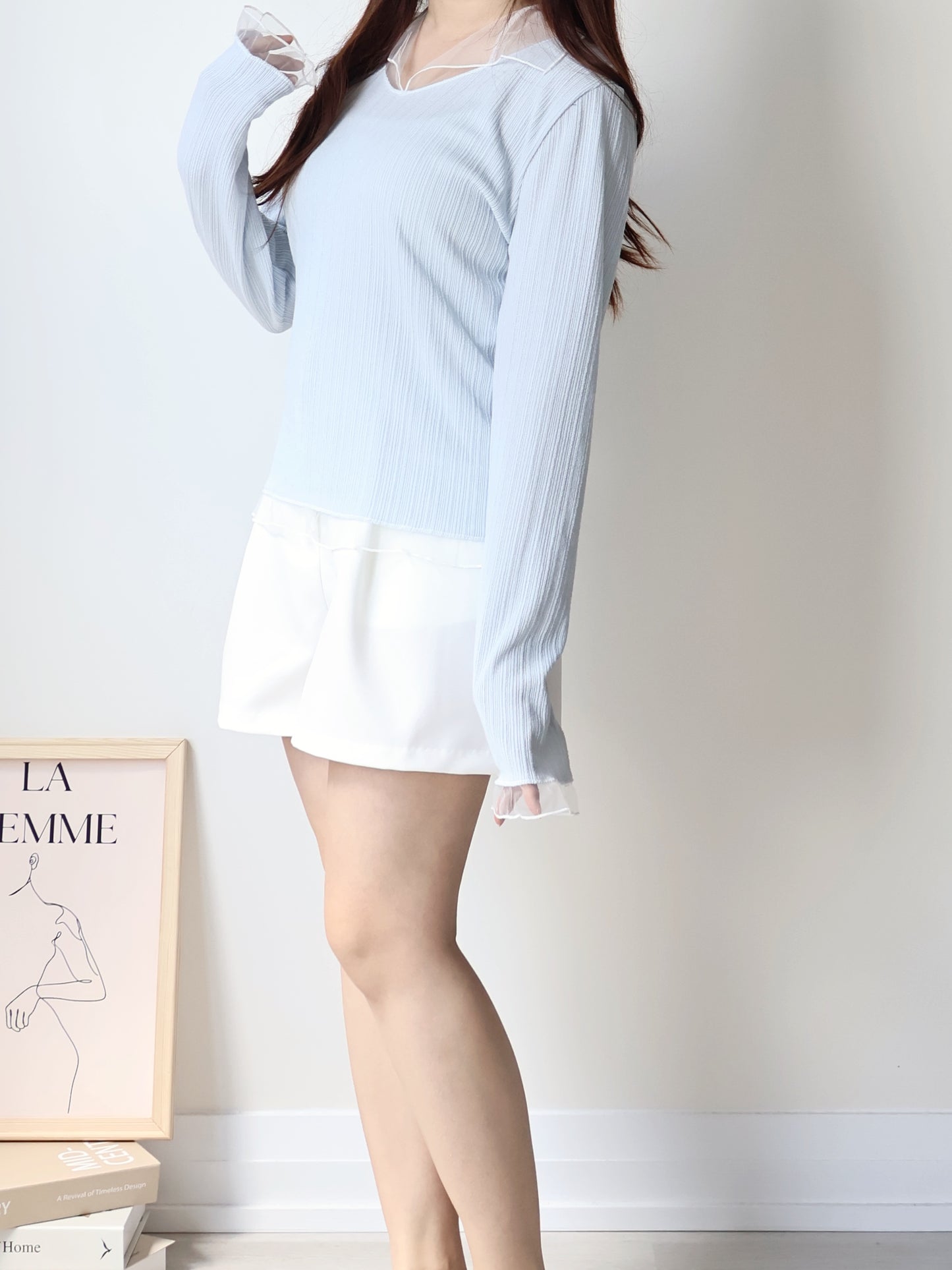 Graceful Sheer Trim V-Neck Top(Skyblue)