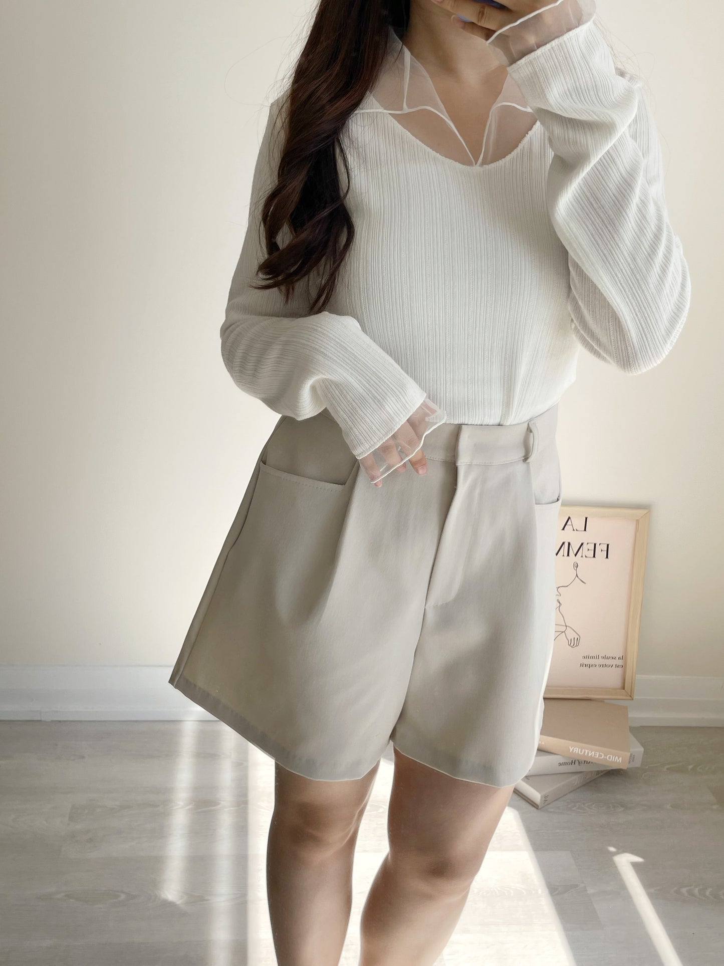Graceful Sheer Trim V-Neck Top(Ivory)