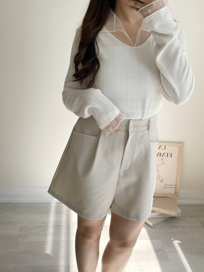 Graceful Sheer Trim V-Neck Top(Ivory)