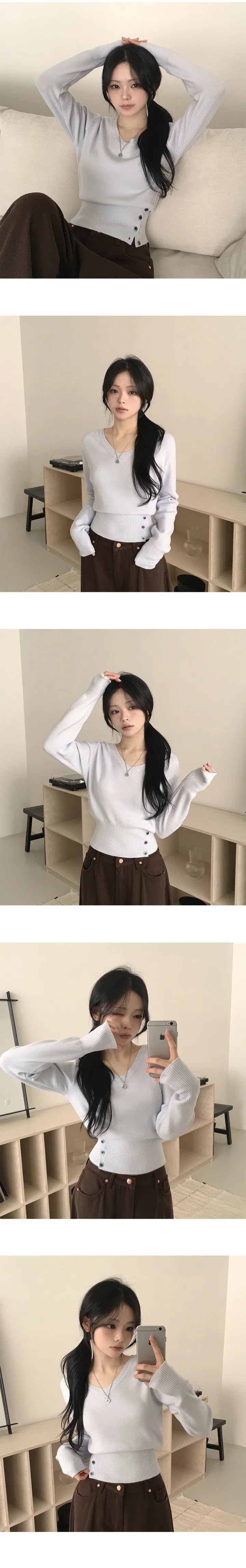 V-Neck Buttons Cinched-Waist Knit Top(5 colors)