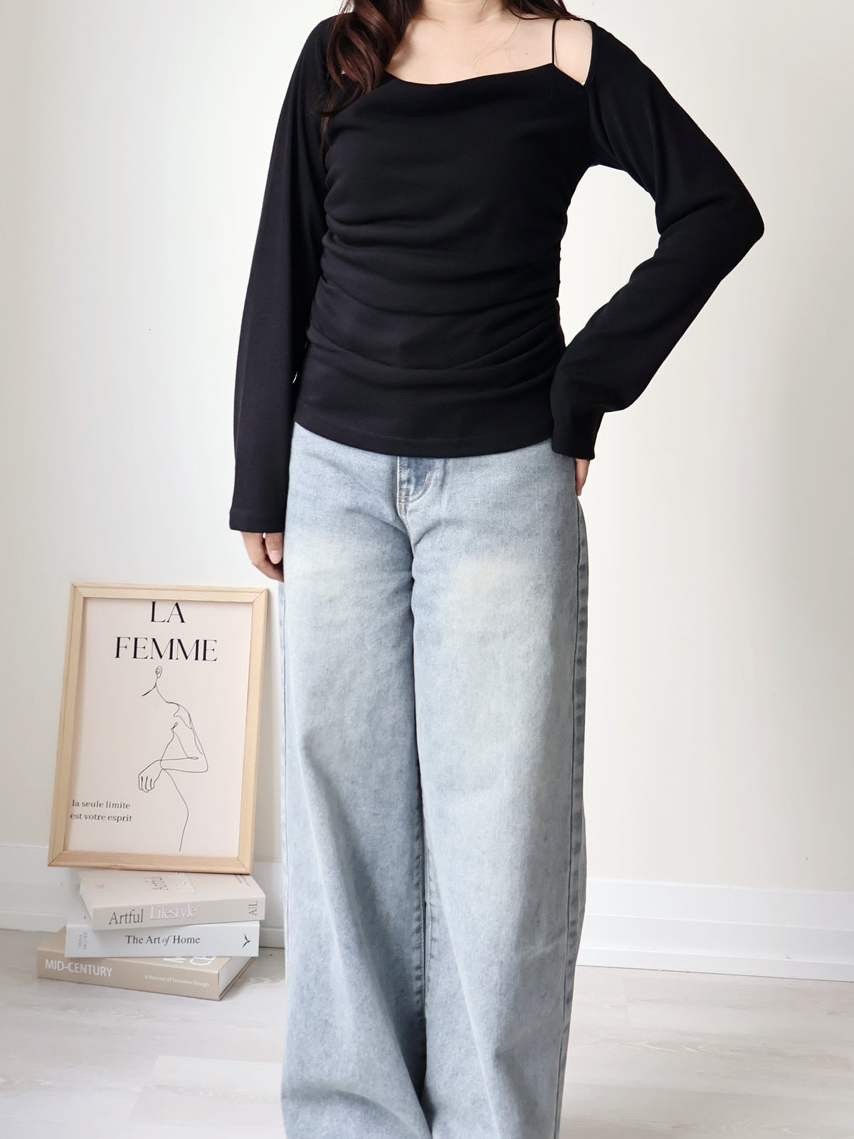 2-Way Draped Neck Strap Off-Shoulder Top(Black)
