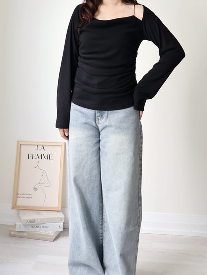 2-Way Draped Neck Strap Off-Shoulder Top(Black)