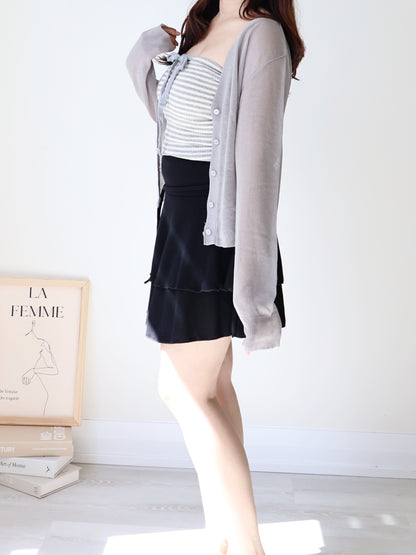 Flowy Flex-Waist Tiered A-Line Mini Skirt(Black)