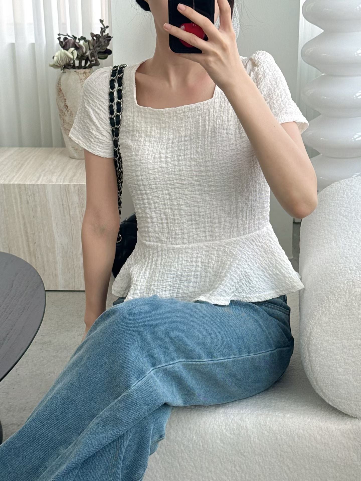 [Wrinkle-Free] Elegant Square Neck Flattering Peplum Blouse(3 Colors)