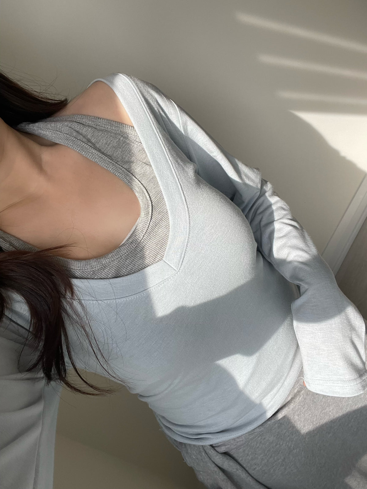 2-Way V-Neck Colorblock Halter Layered Top(Skyblue)