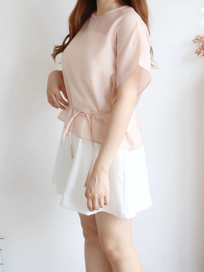 Elegant Tie Detail Flutter-Sleeve Tencel Blouse(Peach)