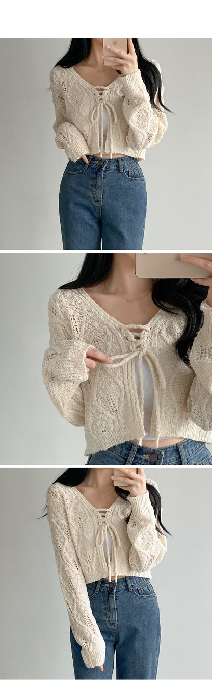 V-Neck Pointelle Tie-Front Knit Cardigan(5 colors)