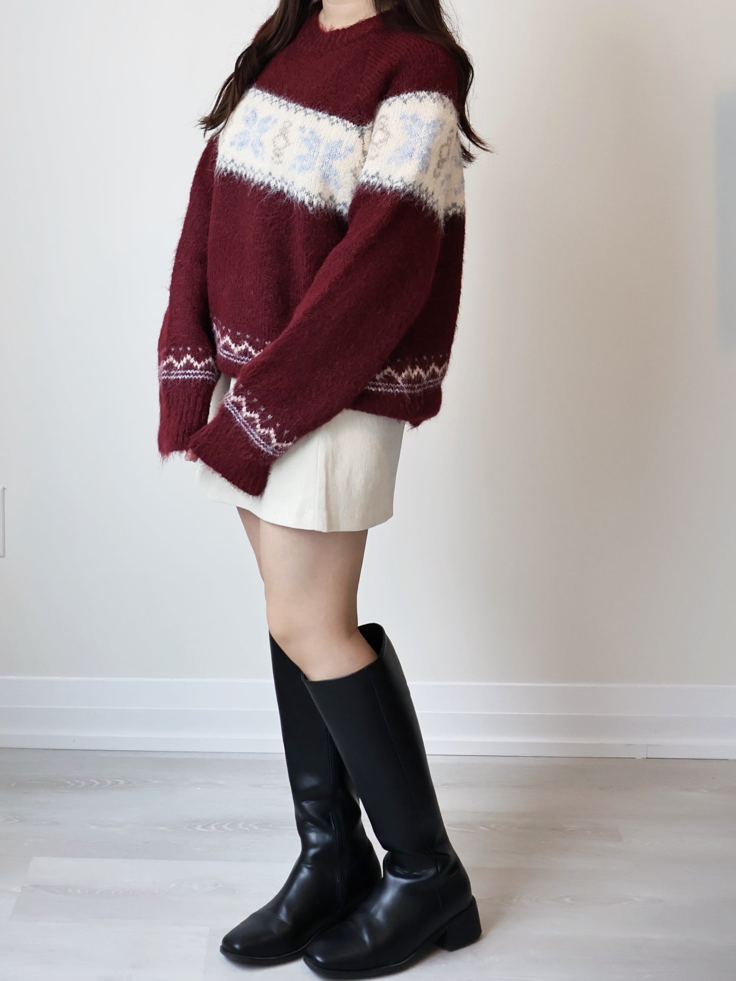 [10% WOOL] Snowflake Oversized Sweater(Burgundy)