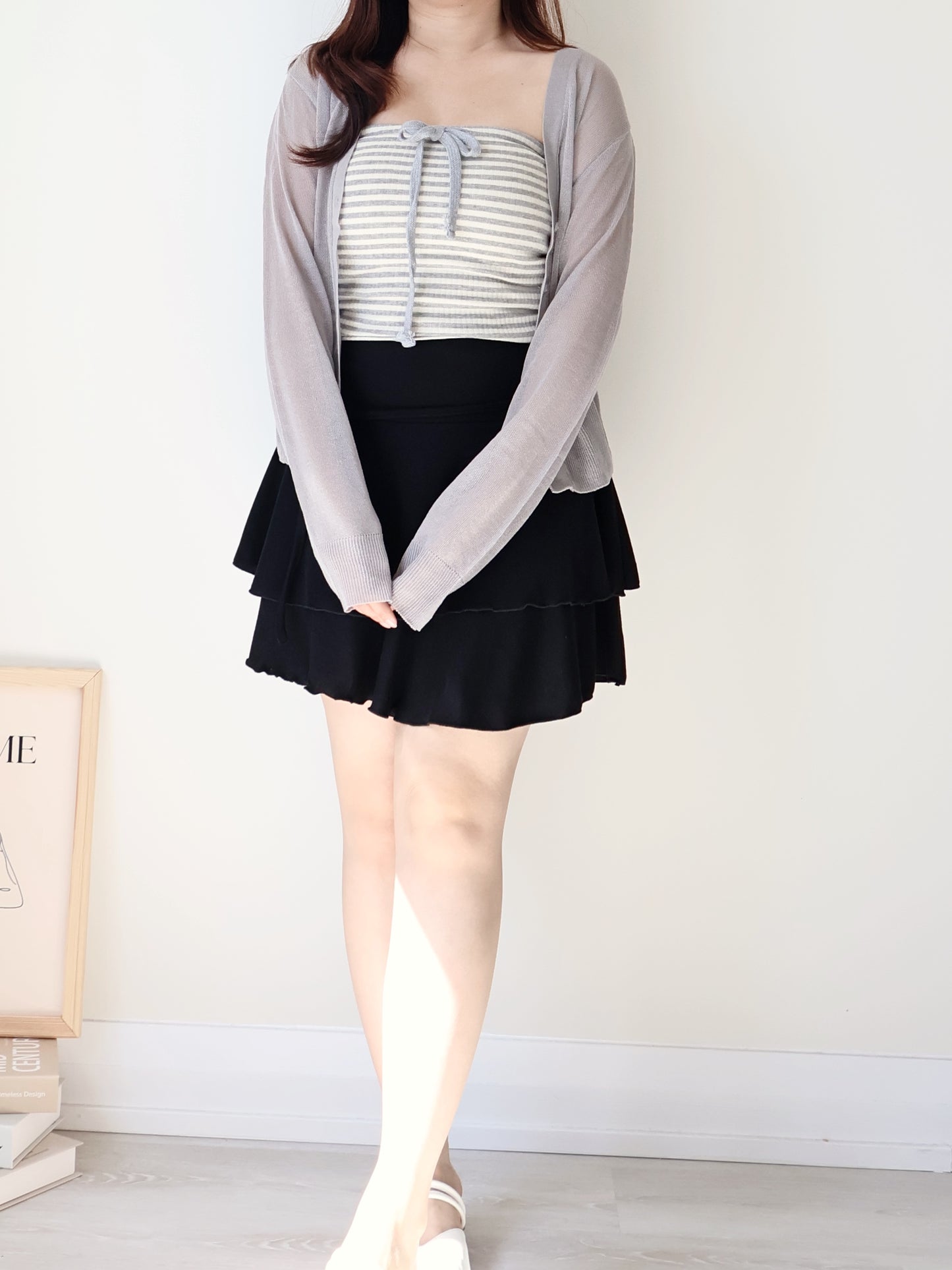 Flowy Flex-Waist Tiered A-Line Mini Skirt(Black)