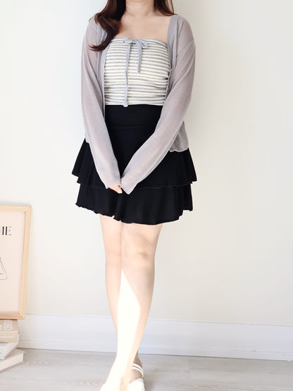 Flowy Flex-Waist Tiered A-Line Mini Skirt(Black)