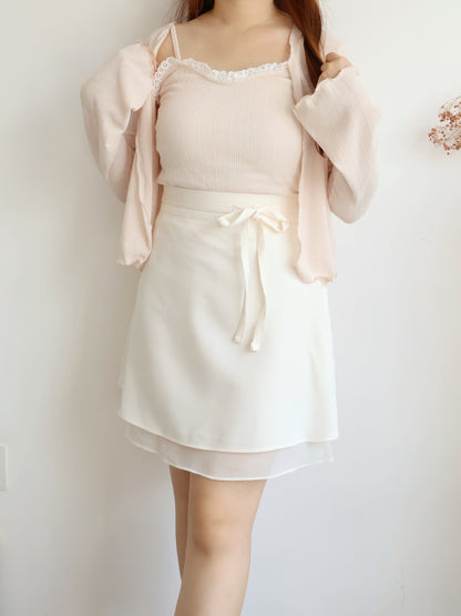Pastel Lace-trim Cami & Cardigan 2-Piece Set(Peach)