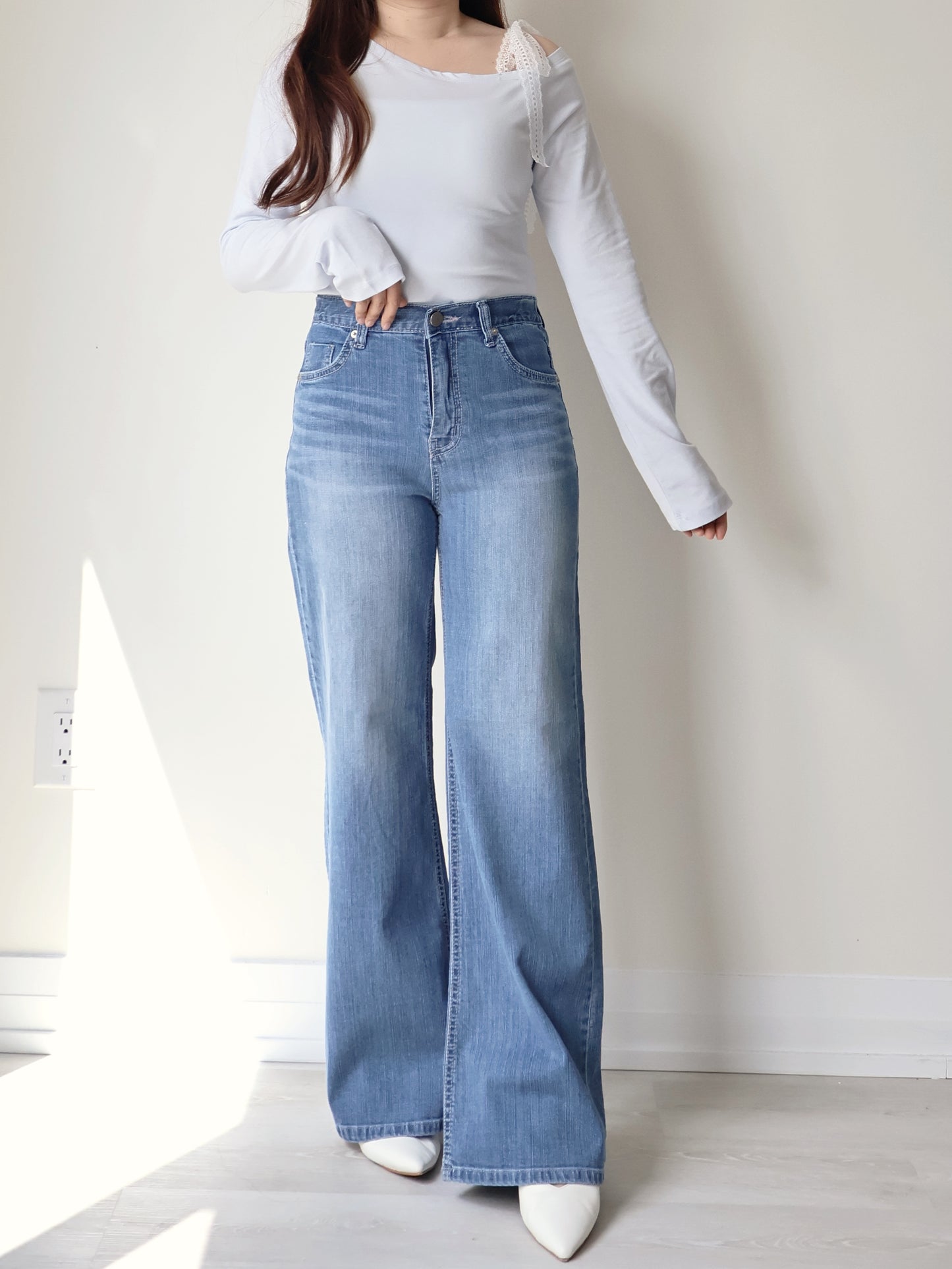 [Half Elastic Waist] Pajama-Soft Lightweight Stretchy Wide-Leg Bootcut Jeans(Dark Blue)