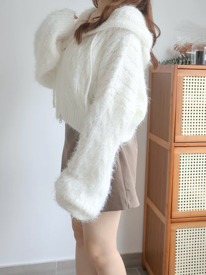 Festive Fluffy Zip Hooded Cardigan(Ivory)