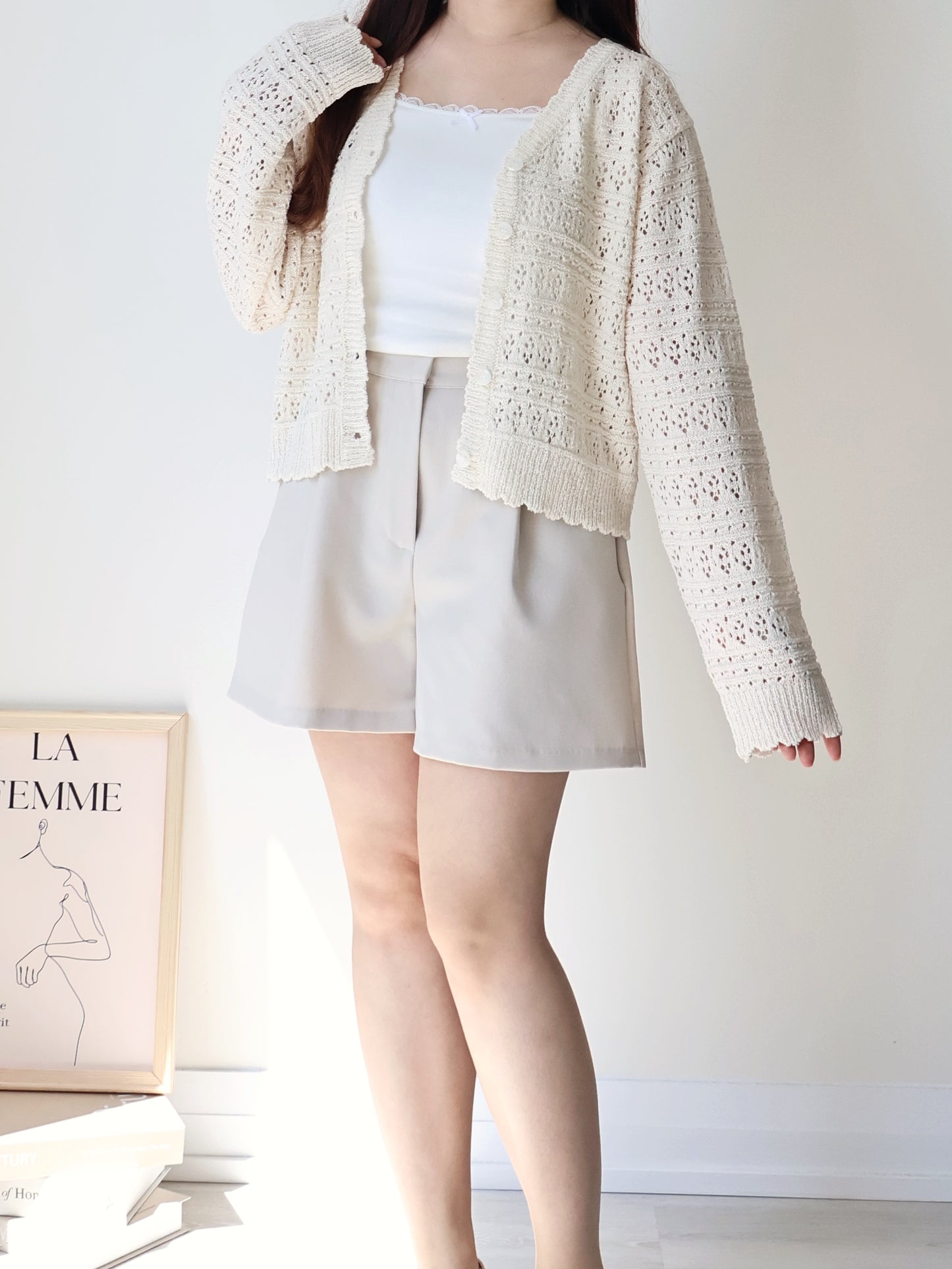 Romance V-Neck Eyelet Knit Cardigan(Beige)