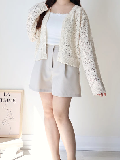 Romance V-Neck Eyelet Knit Cardigan(Beige)