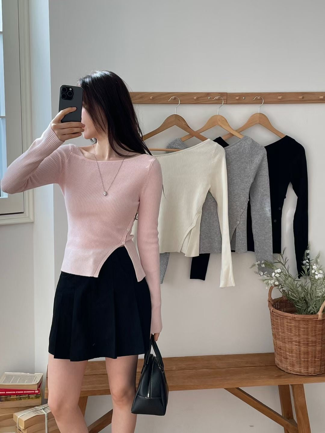 Cross unbalanced Slit Knit Top(4 colors)