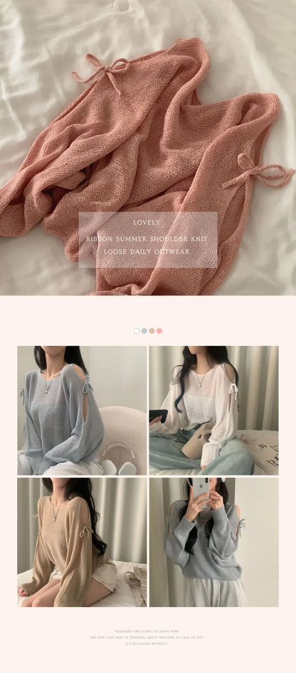 Ribbon Tie Open-Shoulder Knit Top(5 colors)